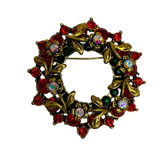 Brooch Pin Goldtone Wreath Red Crystals 1.75 Inch Diameter - Picture 6 of 6